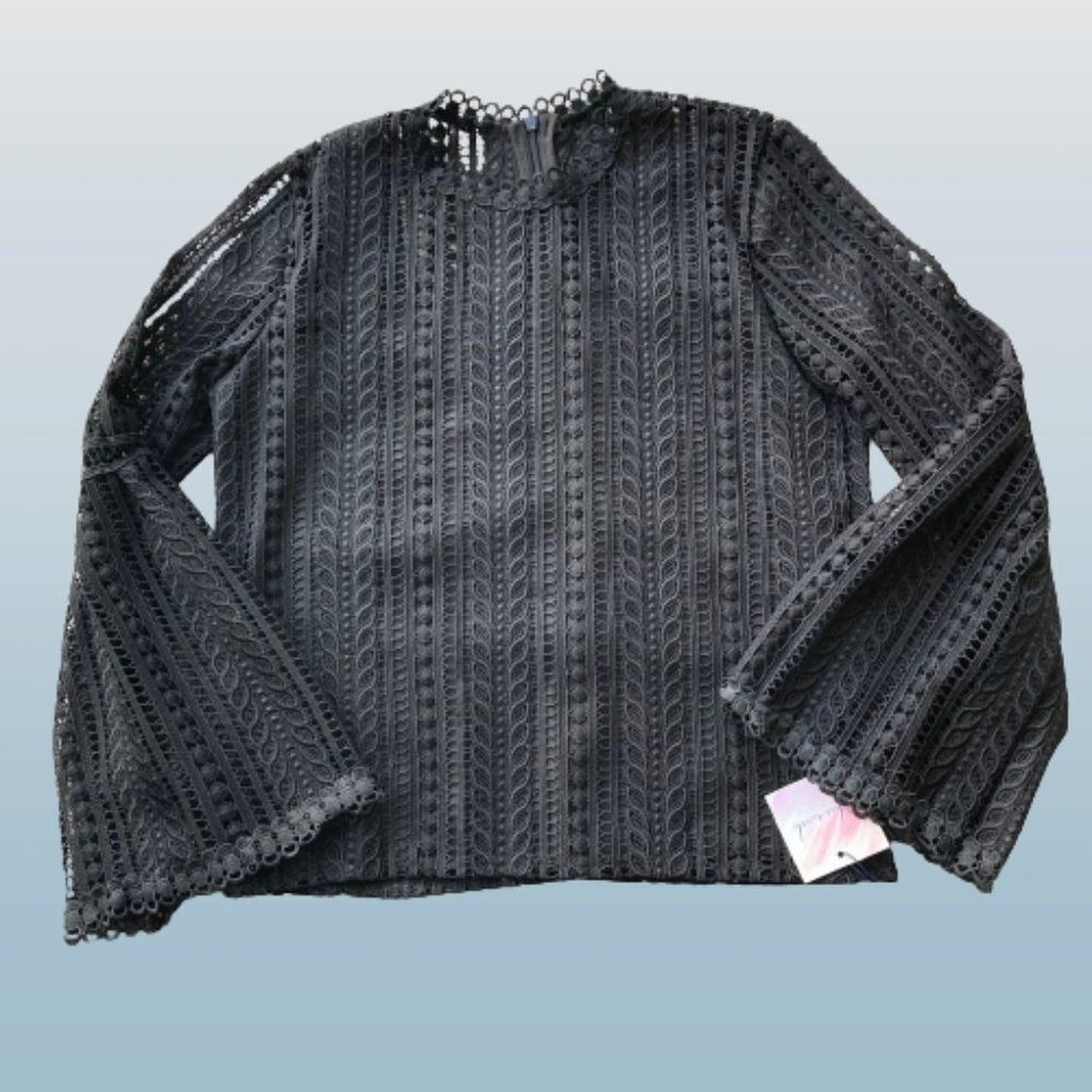 NWT Chicwish Black Crochet Lace Blouse Bell Sleeves Romantic Goth Size S